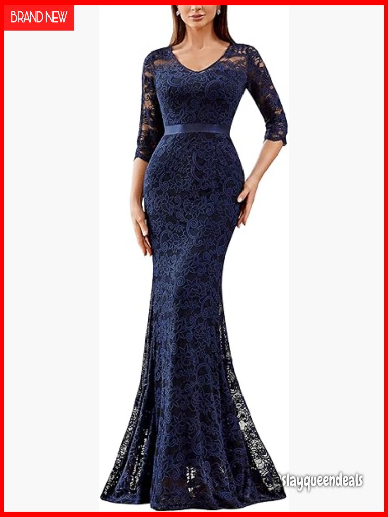 Elegant V Neck Floral Lace Formal Evening Maxi Dress
